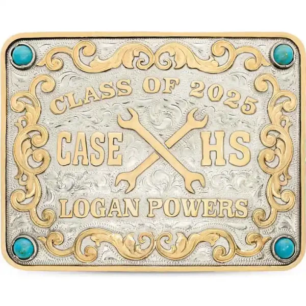 A custom square class belt buckle with personalized name featuring a custom logo 
